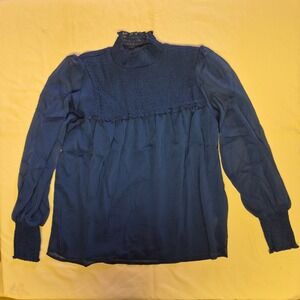 Laundry by Shelli Segal Womens Navy Blue Smocked Mock Neck Chiffon Blouse Small